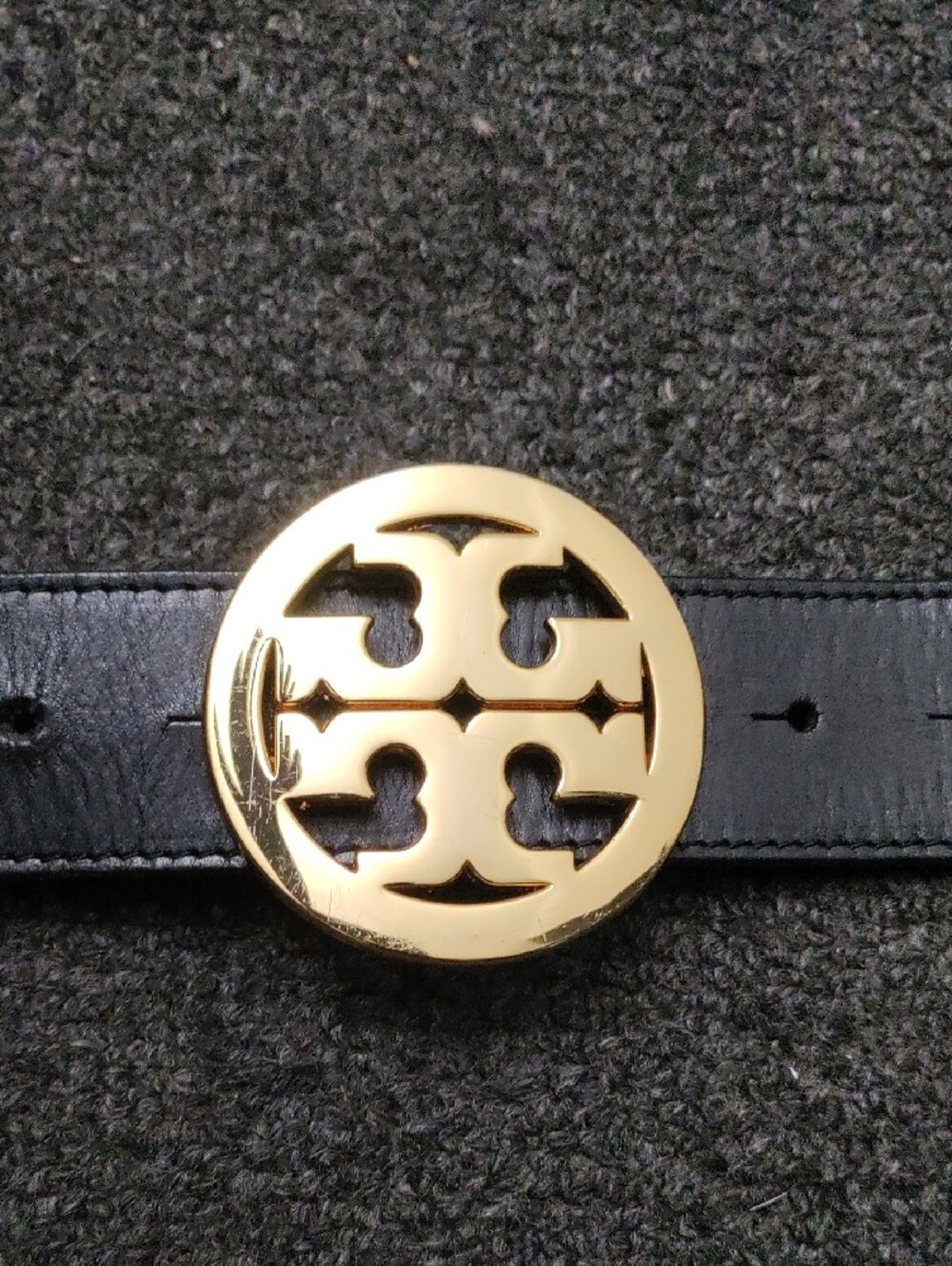 Tory Burch Black Leather Belt with Gold Logo Disc Buckle